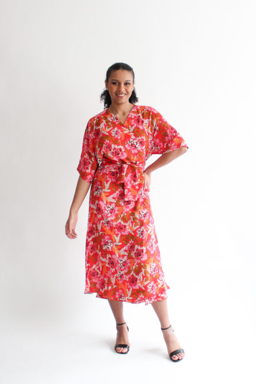 Fiore rosso 100 % viscose midi wrap dress