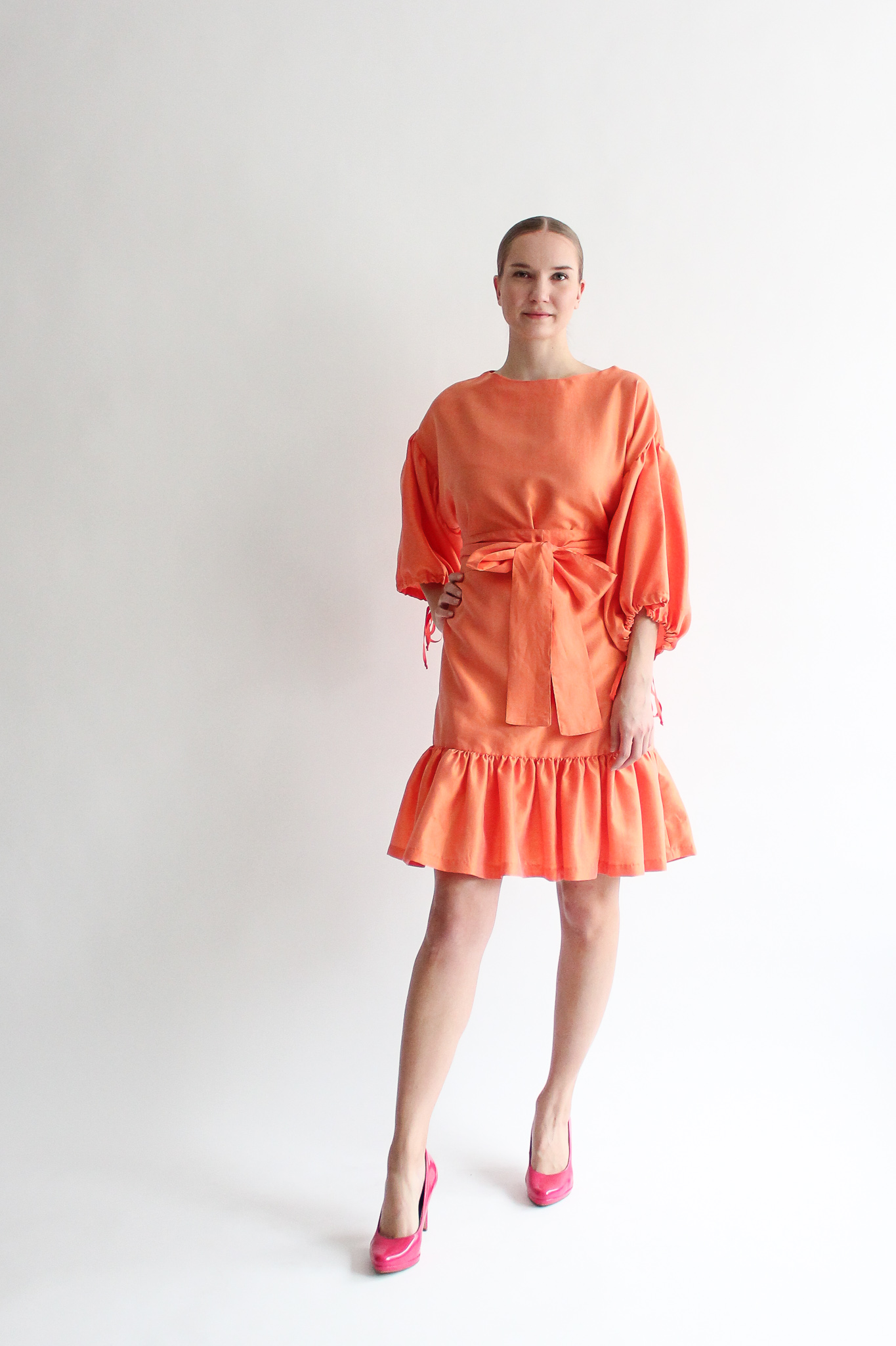 Orange longer 100 % silk puff sleeve dress