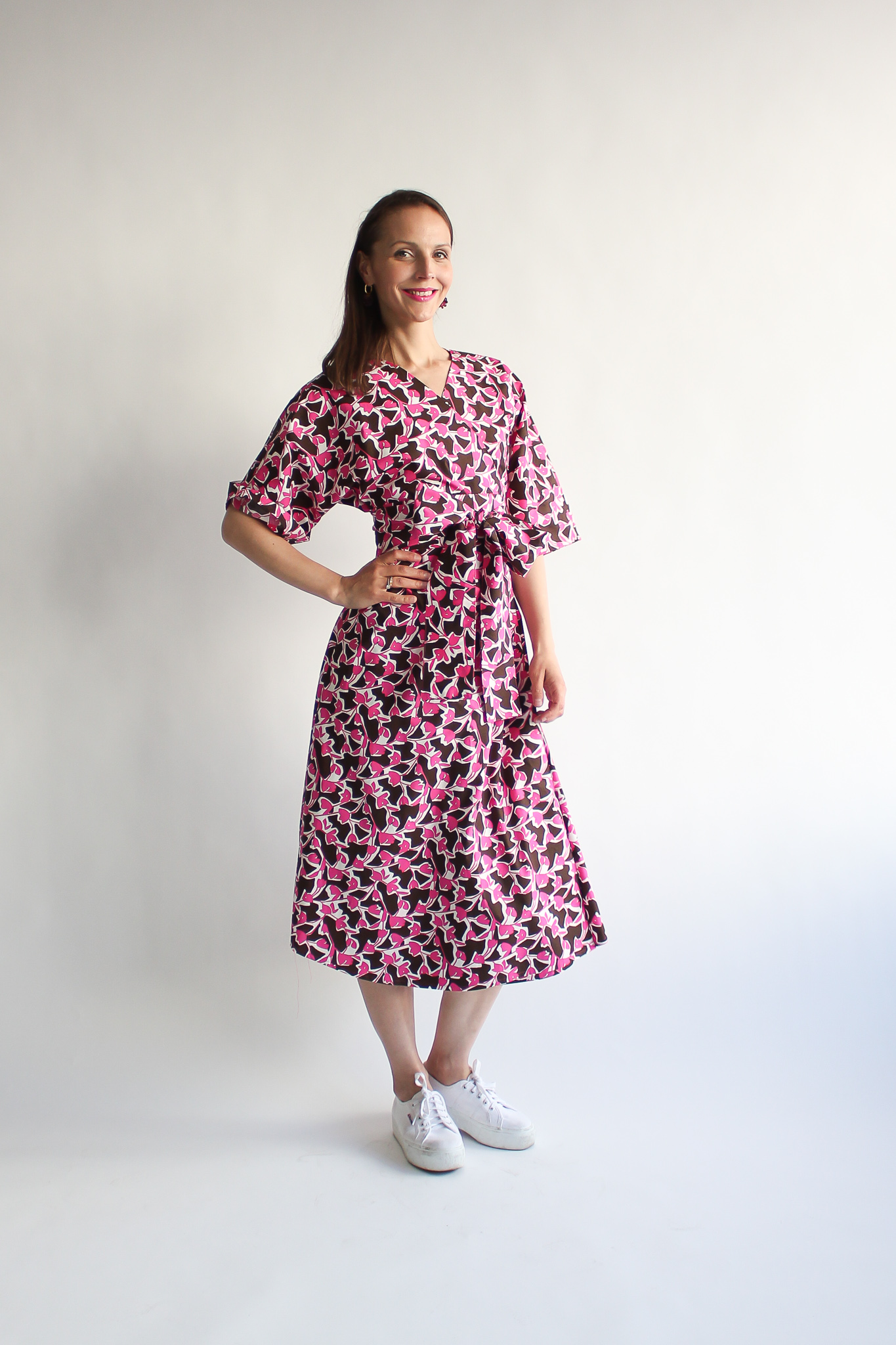 UNIQUE Pink and brown midi cotton wrap dress
