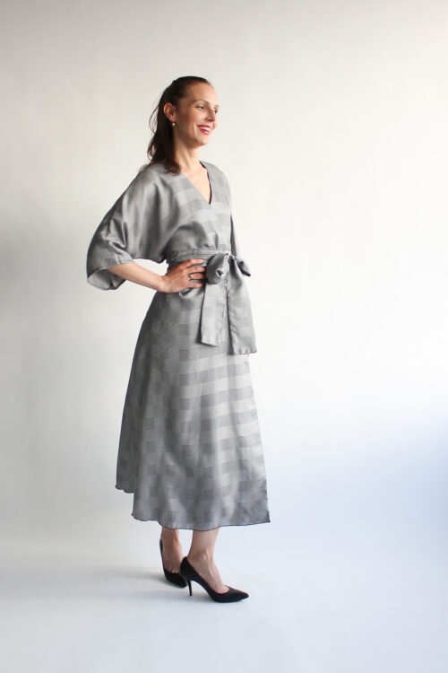 UNIQUE grey 100 % silk wrap maxi dress
