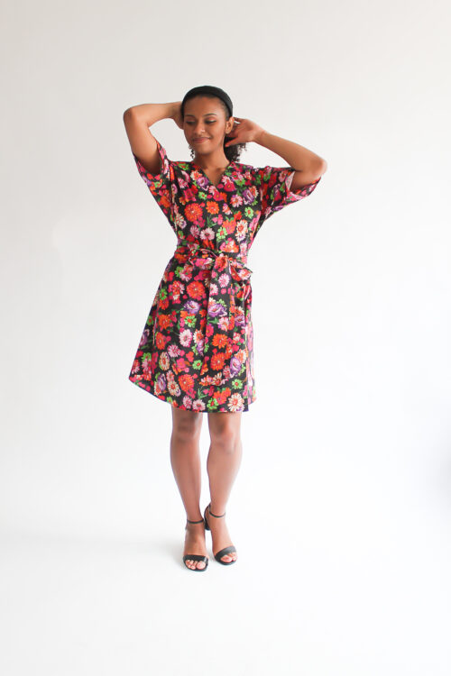 Fiore nero mini cotton wrap dress