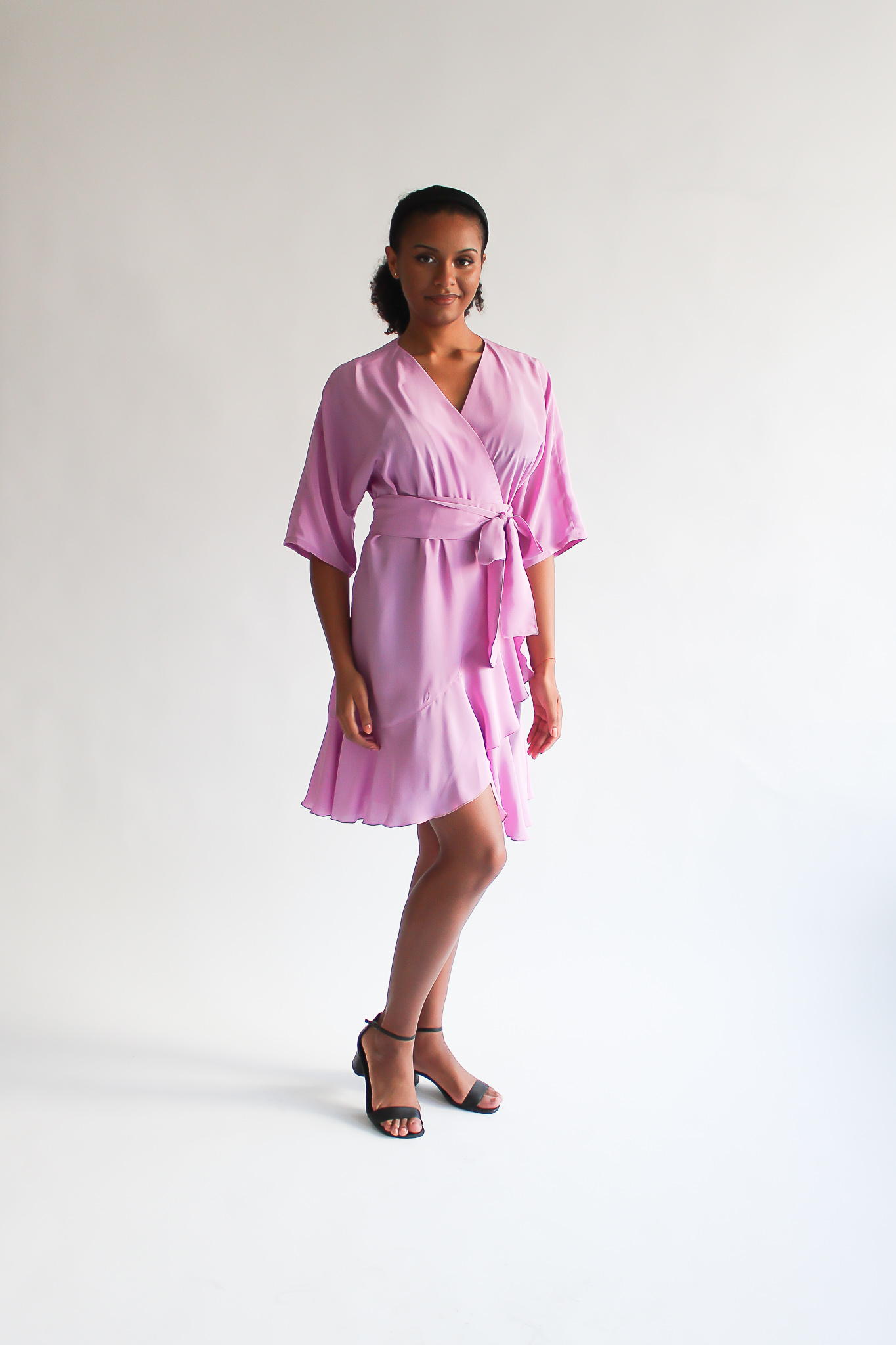 UNIQUE light pink 100 % silk mini frill wrap dress - Image 4