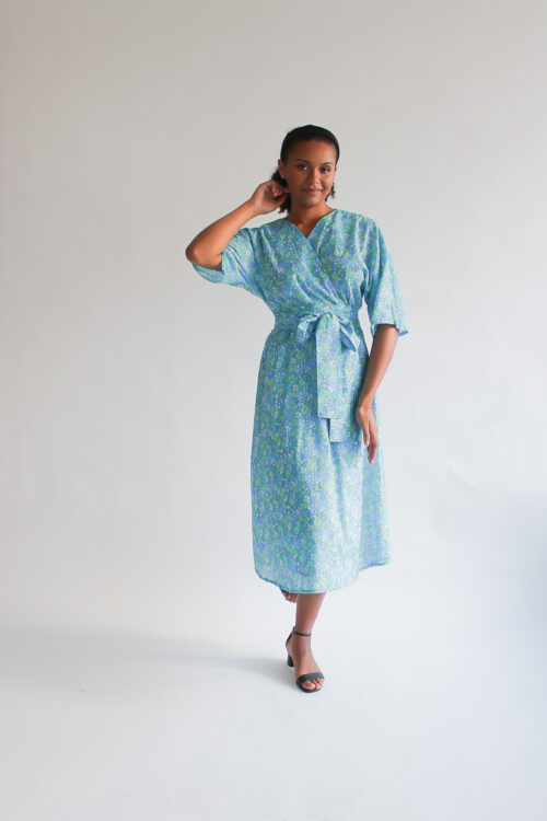 UNIQUE turquoise flower print midi cotton wrap dress