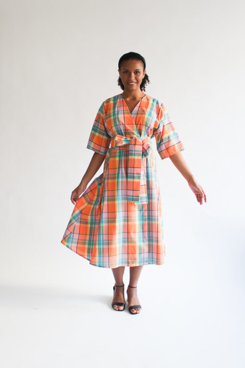 UNIQUE Orange and turquoise squares midi cotton wrap dress