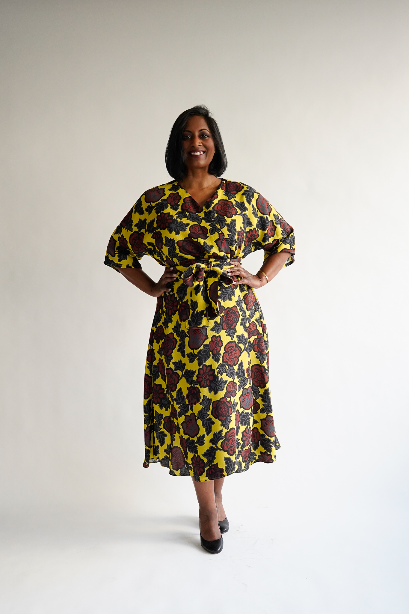 Fiore giallo e marrone 100 % viscose midi wrap dress - Image 10