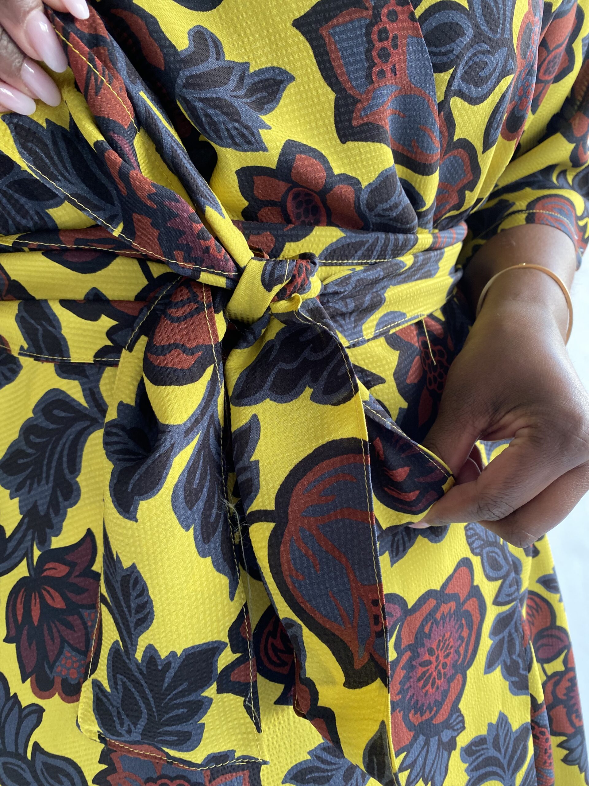 Fiore giallo e marrone 100 % viscose midi wrap dress - Image 8