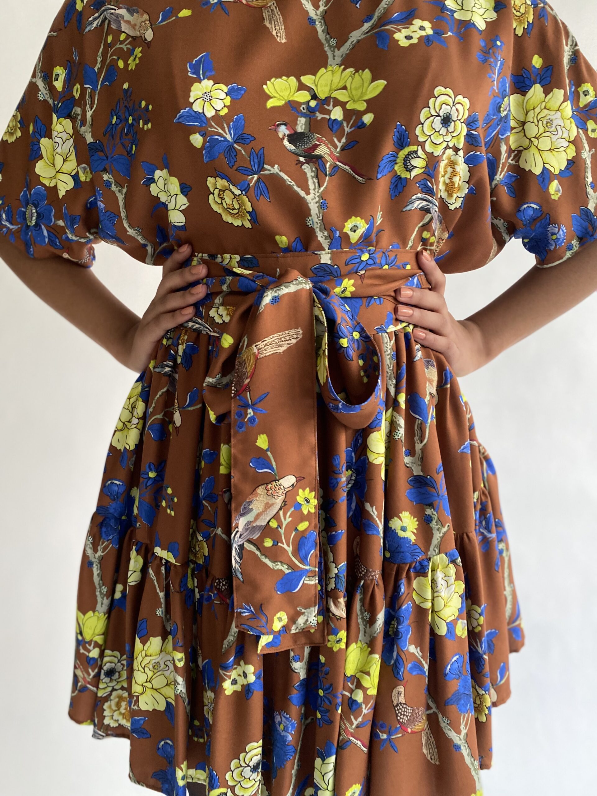 Fiore marrone 100 % viscose double ruffle dress - Image 11