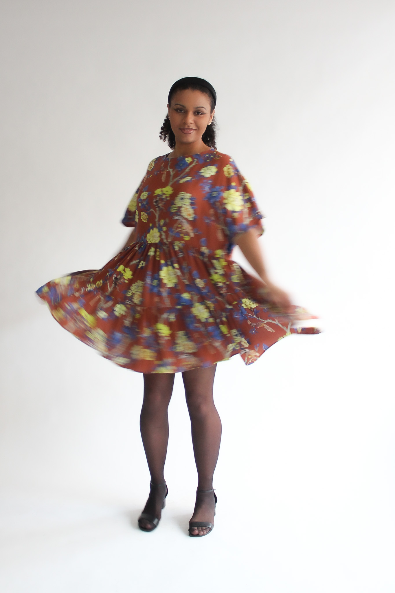 Fiore marrone 100 % viscose double ruffle dress - Image 2