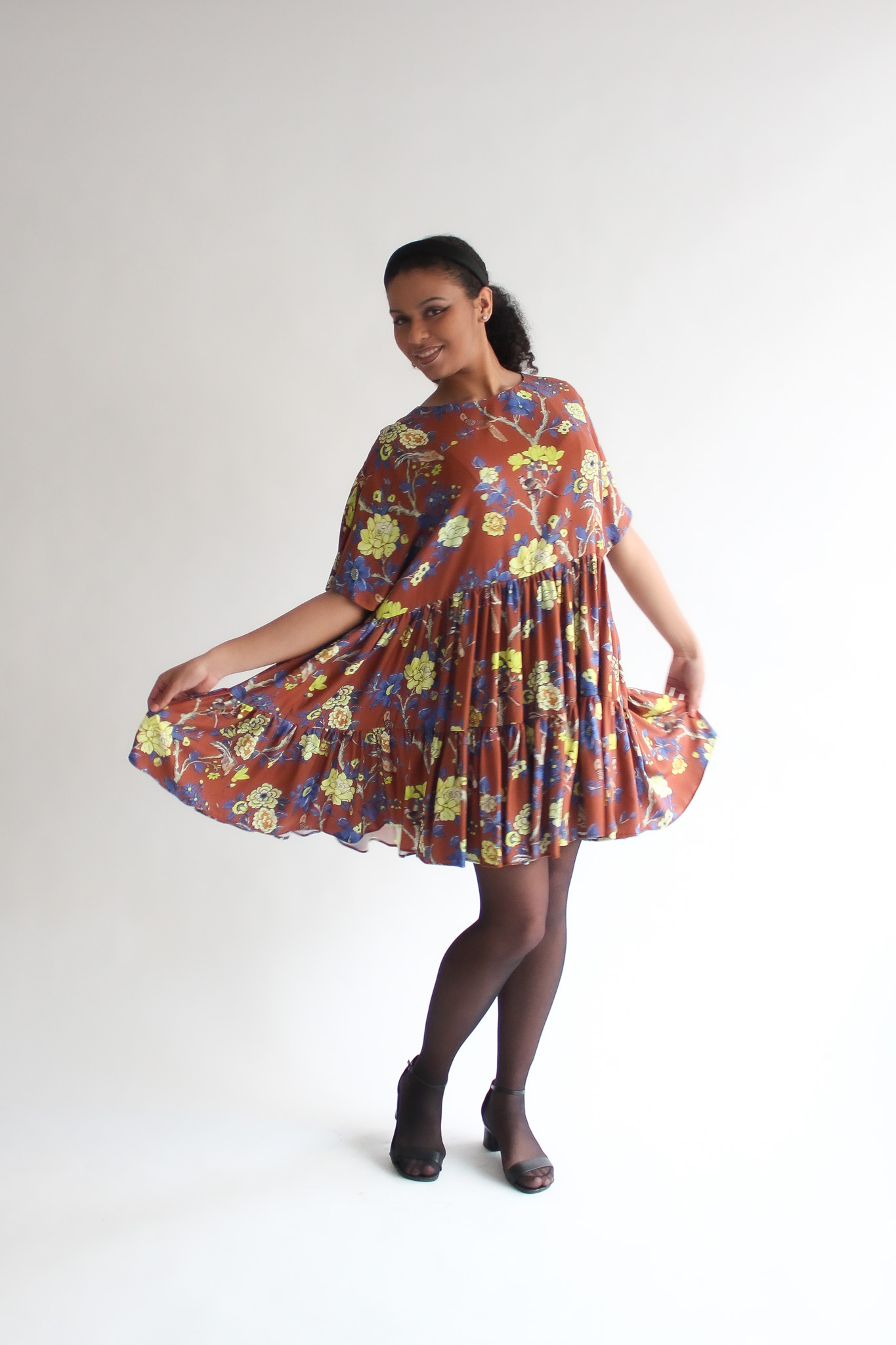 Fiore marrone 100 % viscose double ruffle dress - Image 3