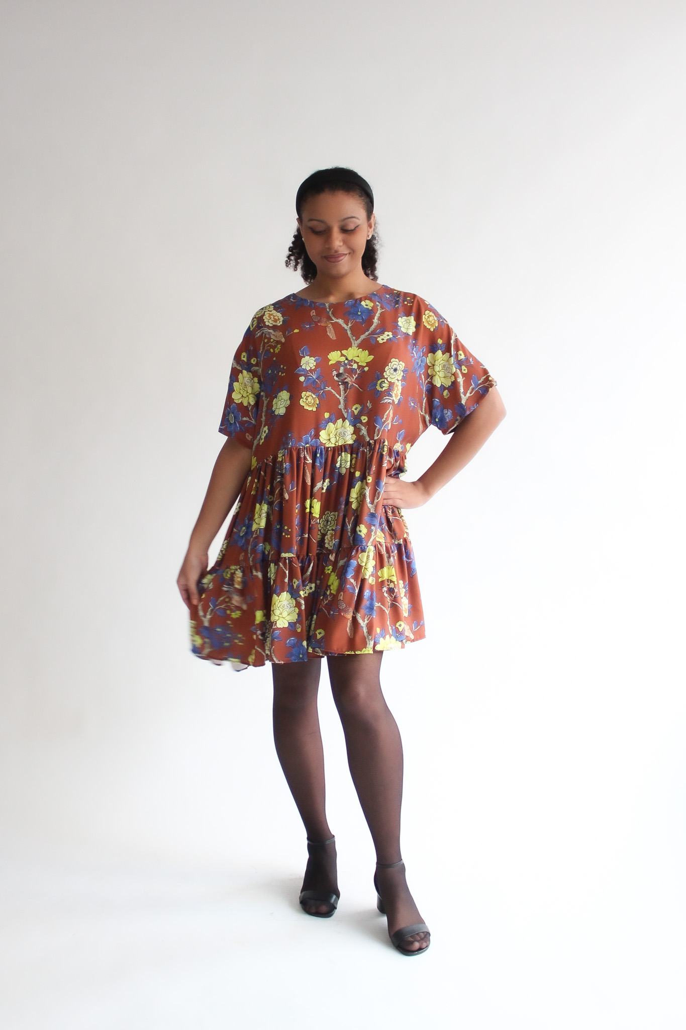 Fiore marrone 100 % viscose double ruffle dress - Image 4
