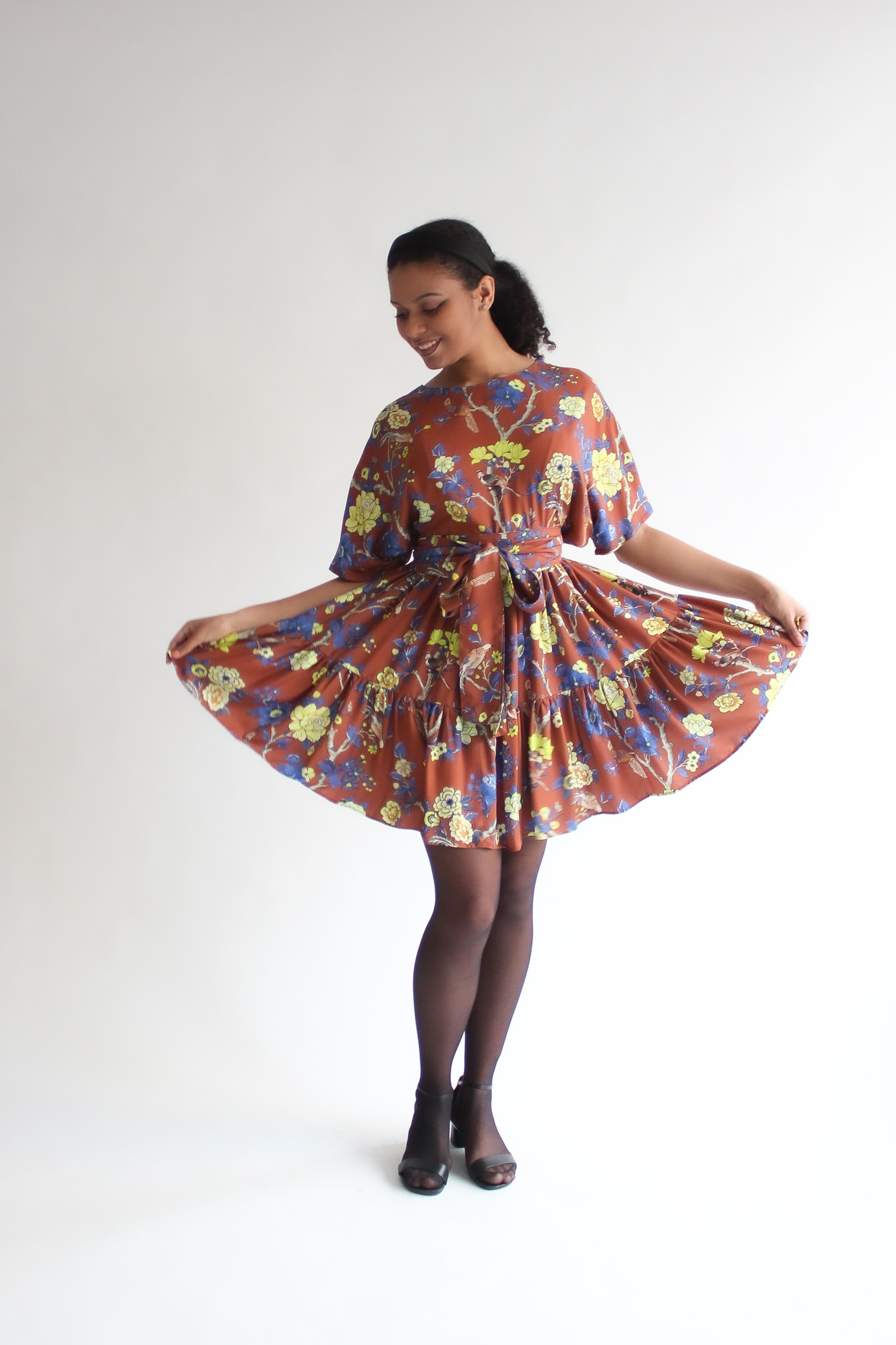 Fiore marrone 100 % viscose double ruffle dress - Image 6