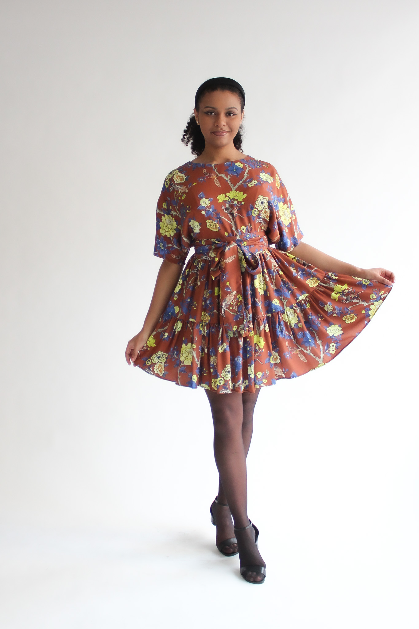 Fiore marrone 100 % viscose double ruffle dress