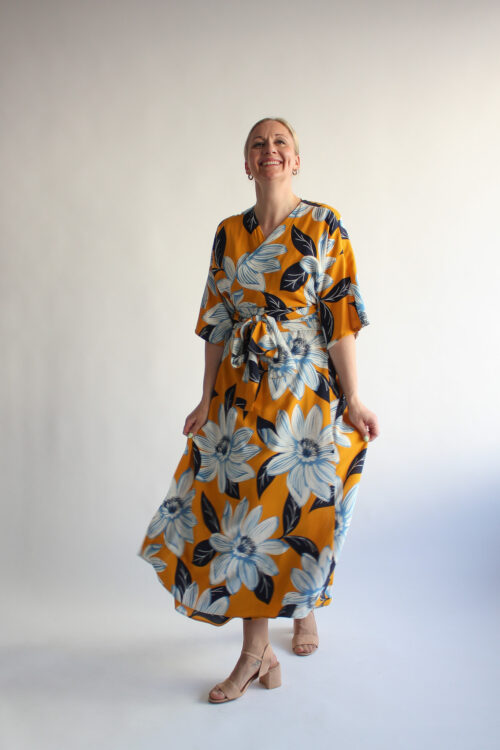 Fiore giallo viscose maxi wrap dress