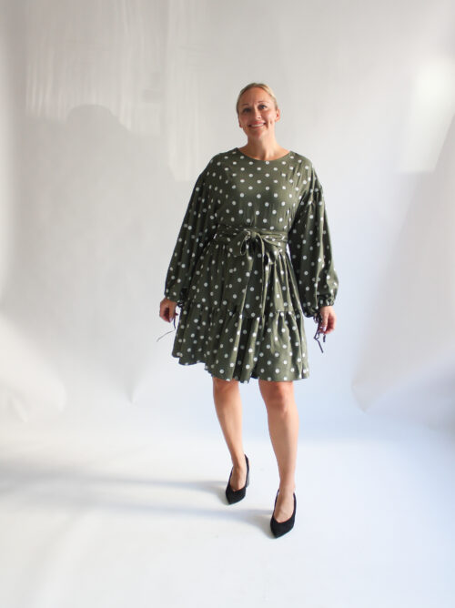 A pois saggio viscose puff sleeve double ruffle dress