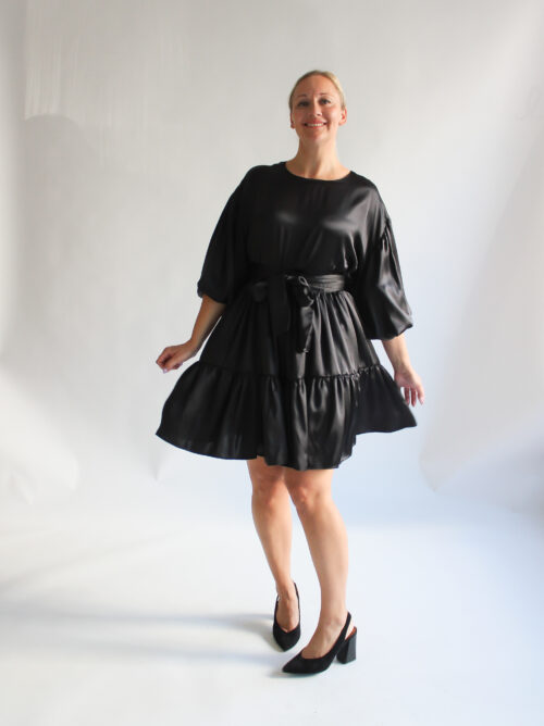 Nero raso 100 % silk puff sleeve dress