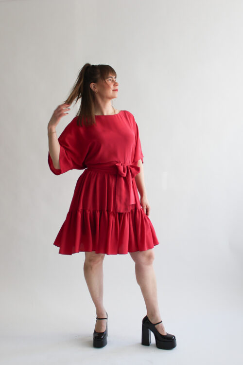 Rosso lampone silk double ruffle dress