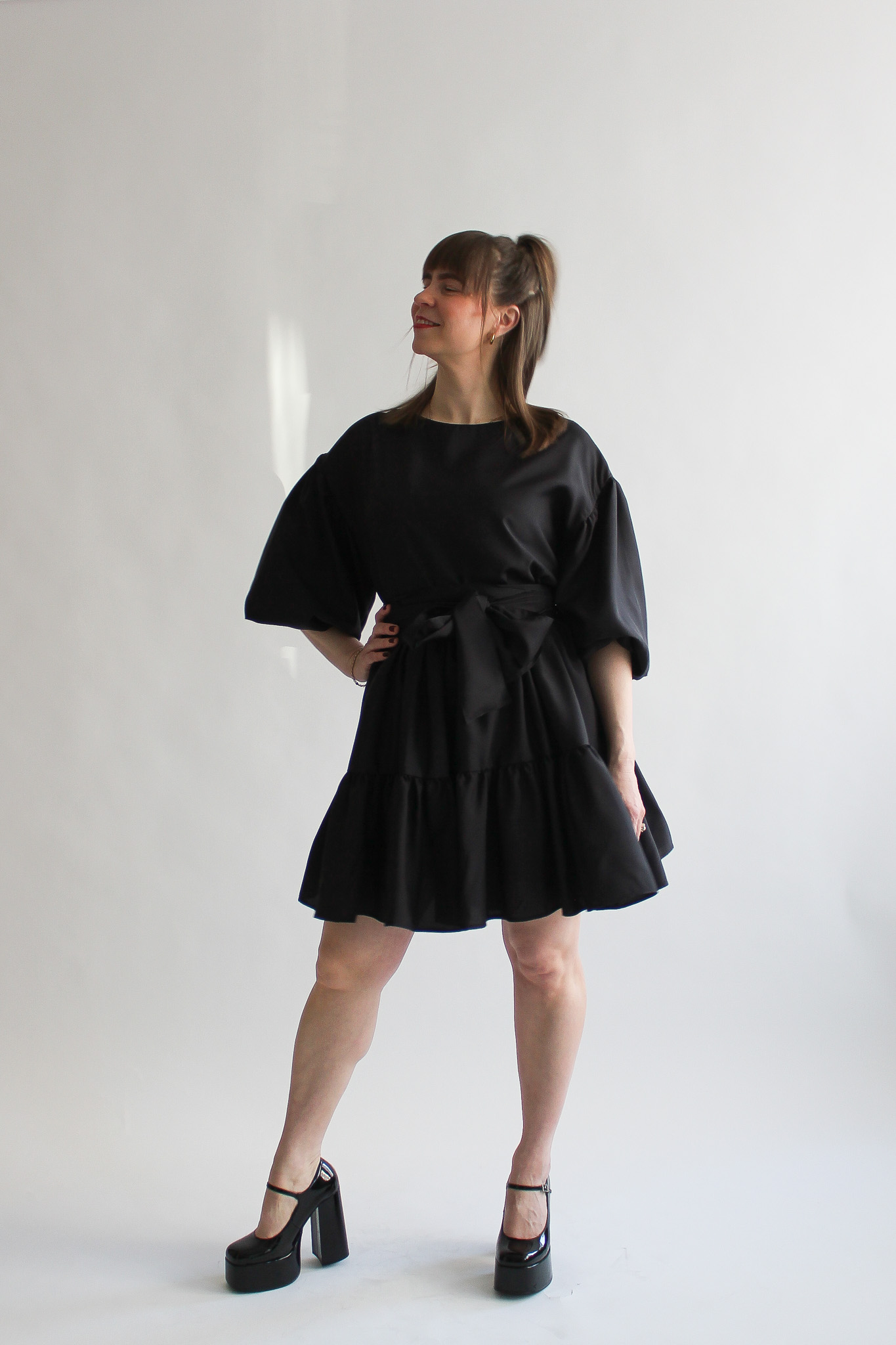 Nero silk puff sleeve double ruffle dress
