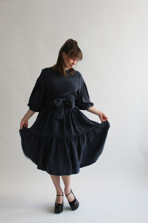 Blu notte cupro long puff sleeve double ruffle dress