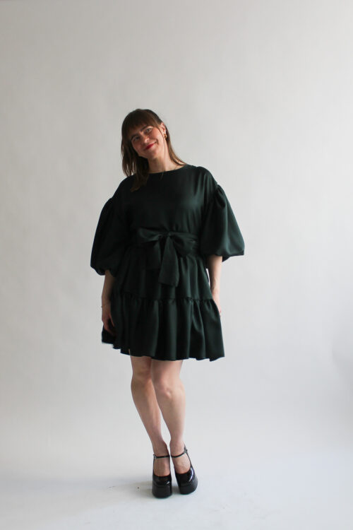 Verde scuro silk puff sleeve double ruffle dress