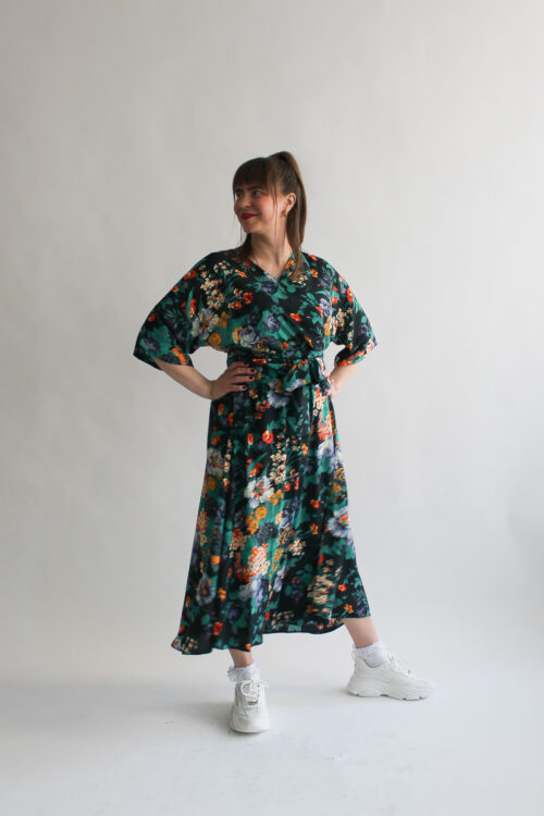 Blu scuro floreale midi wrap dress