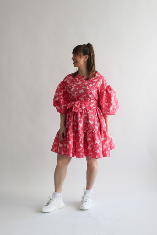 Fucsia fiori puff sleeve double ruffle dress