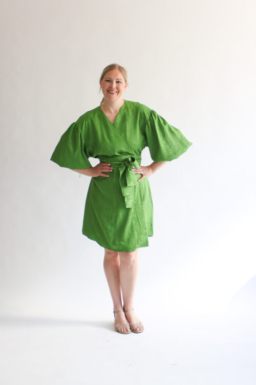Verde tigre jacquard puff sleeve mini wrap dress