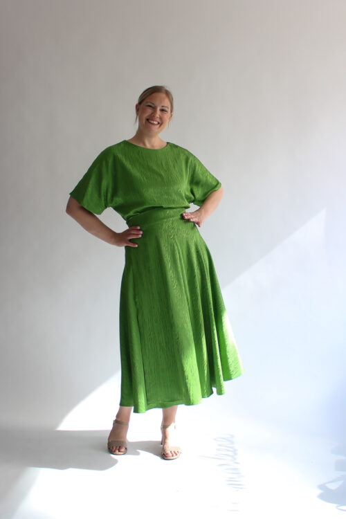 Verde tigre jacquard shirt + midi skirt combo