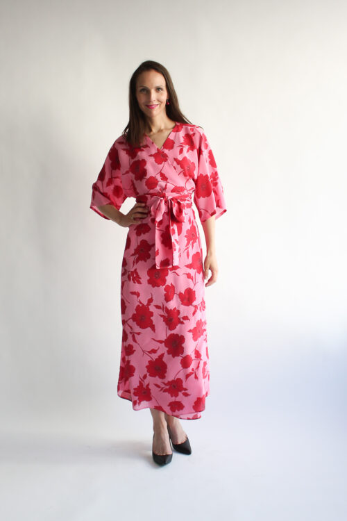 Rosso fiore 100 % silk maxi wrap dress