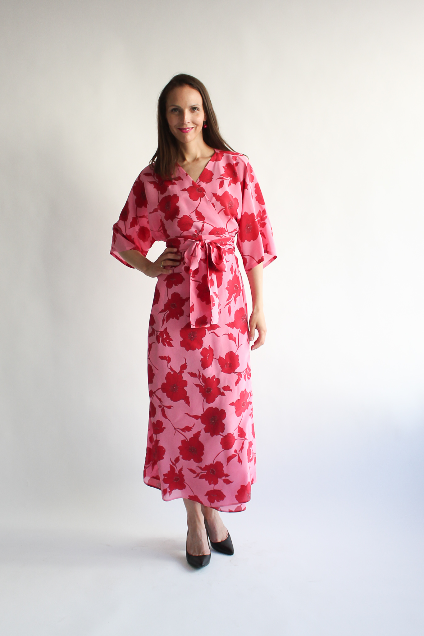 Rosso fiore 100 % silk maxi wrap dress