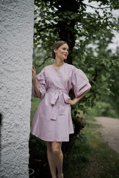 Lilla 100 % silk puff sleeve mini wrap dress