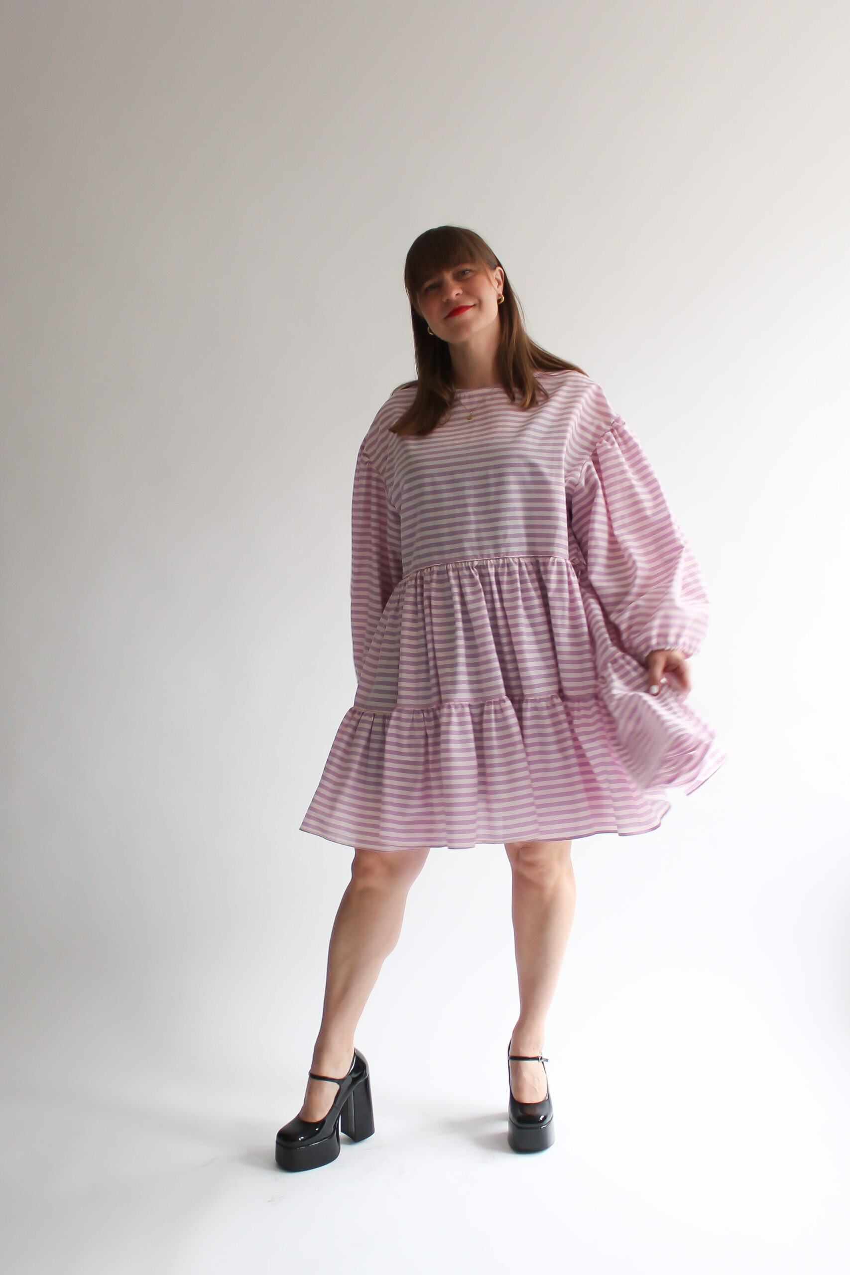 Righe viola puff sleeve double ruffle dress - Image 11