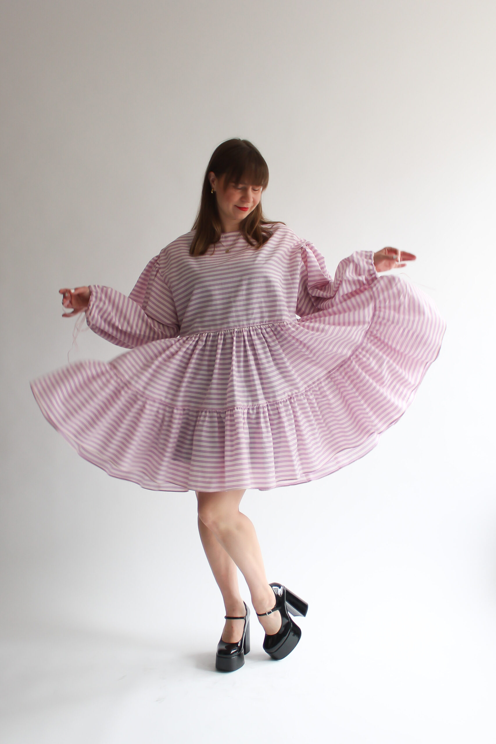 Righe viola puff sleeve double ruffle dress - Image 10