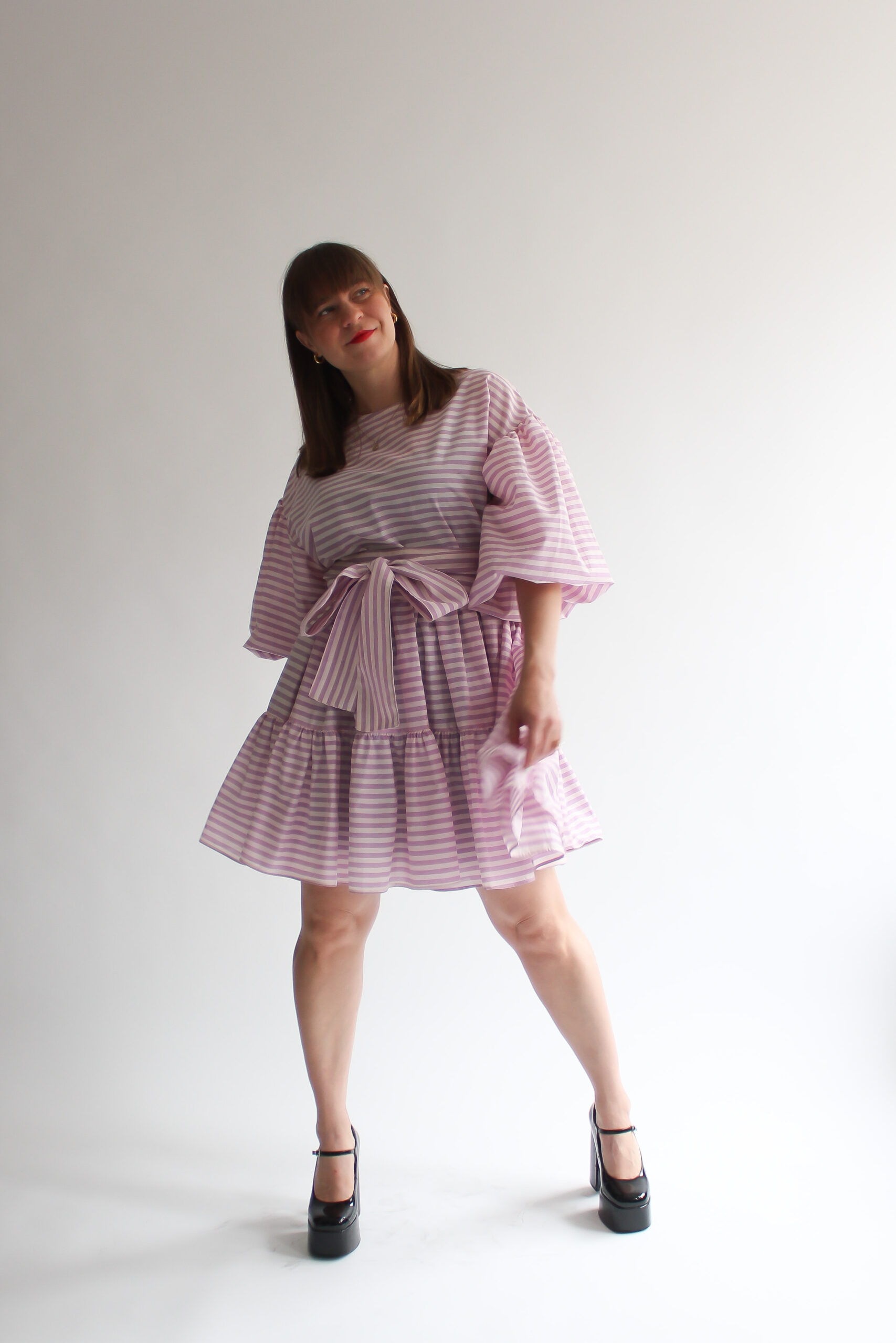 Righe viola puff sleeve double ruffle dress - Image 4