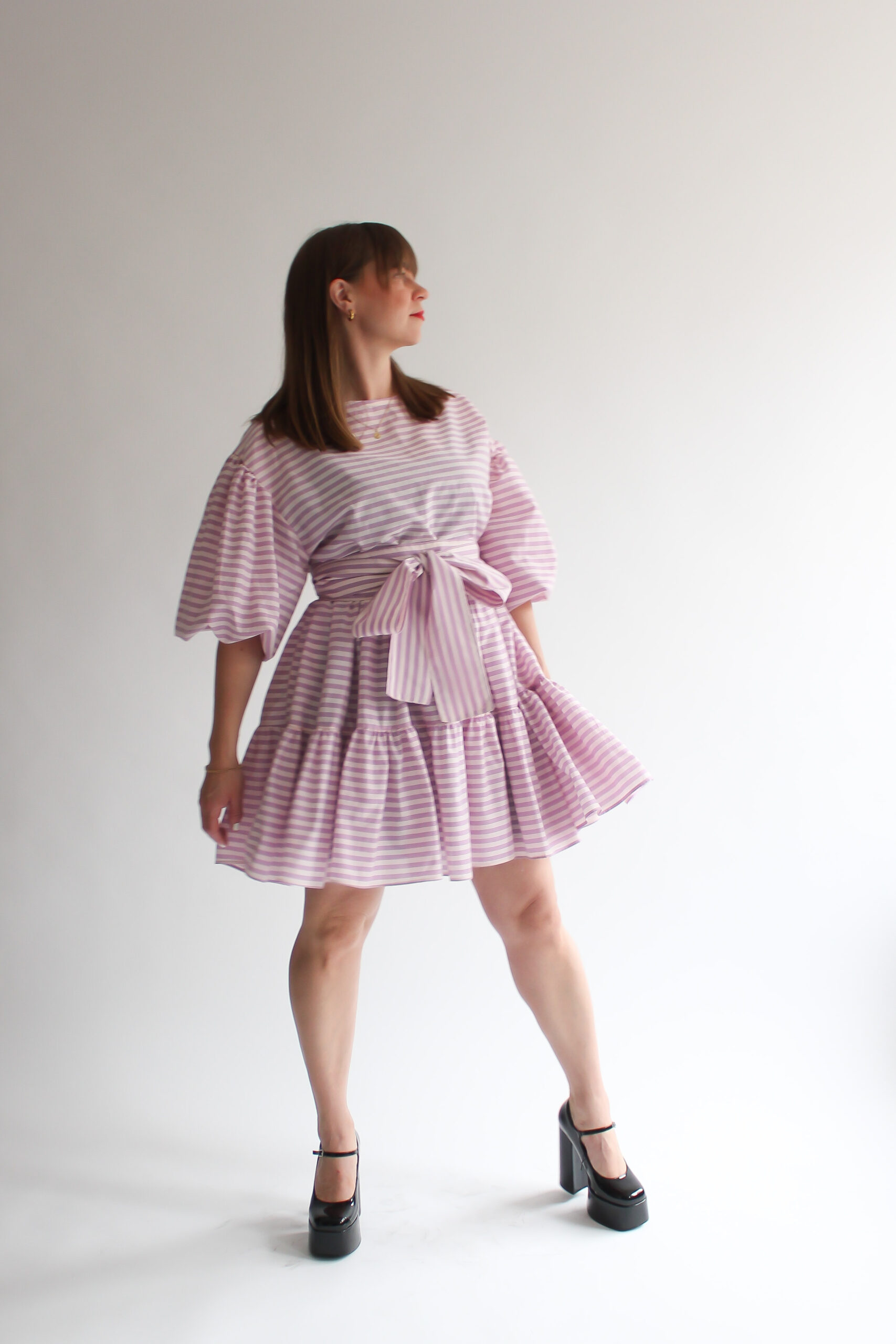 Righe viola puff sleeve double ruffle dress - Image 2
