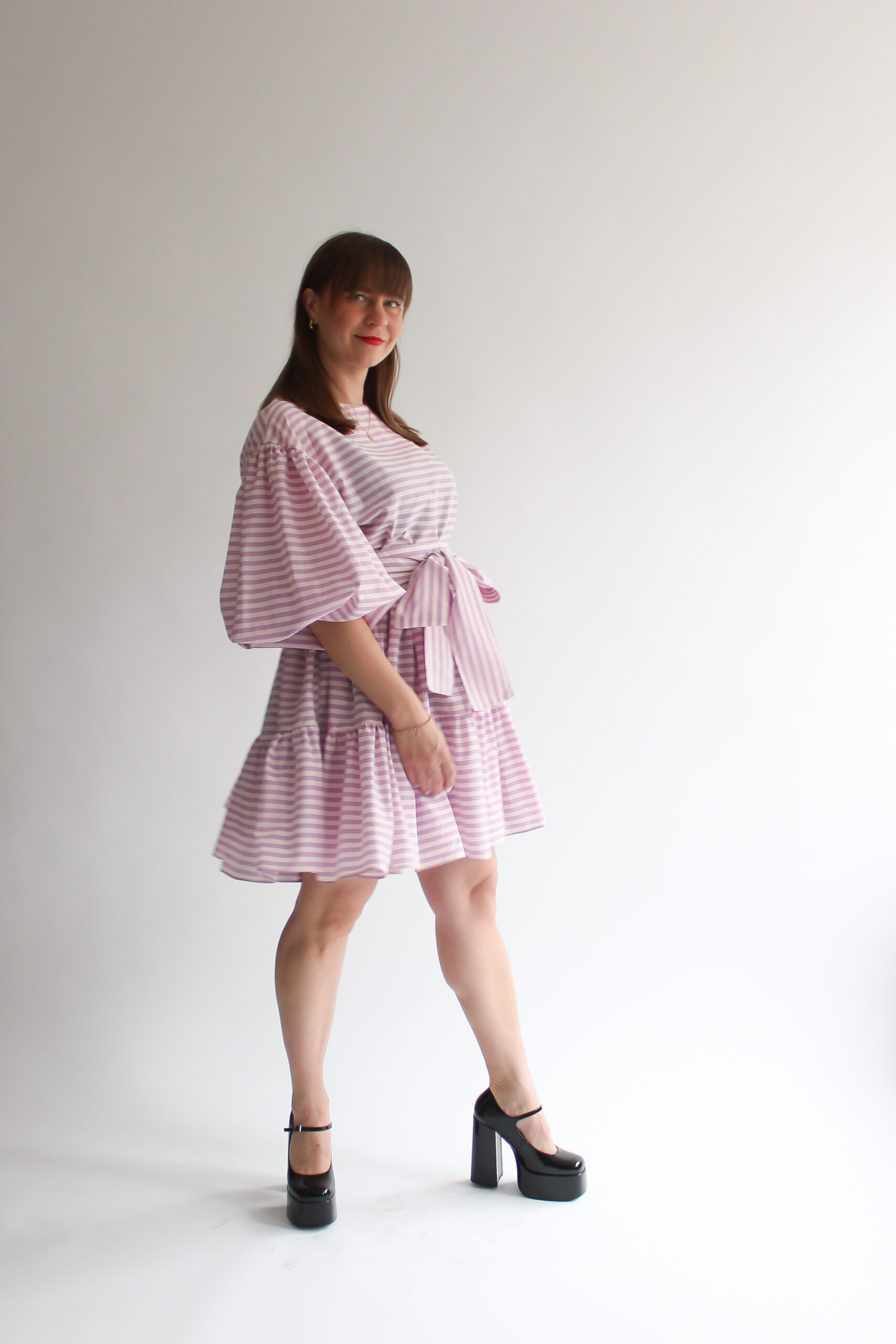 Righe viola puff sleeve double ruffle dress - Image 3