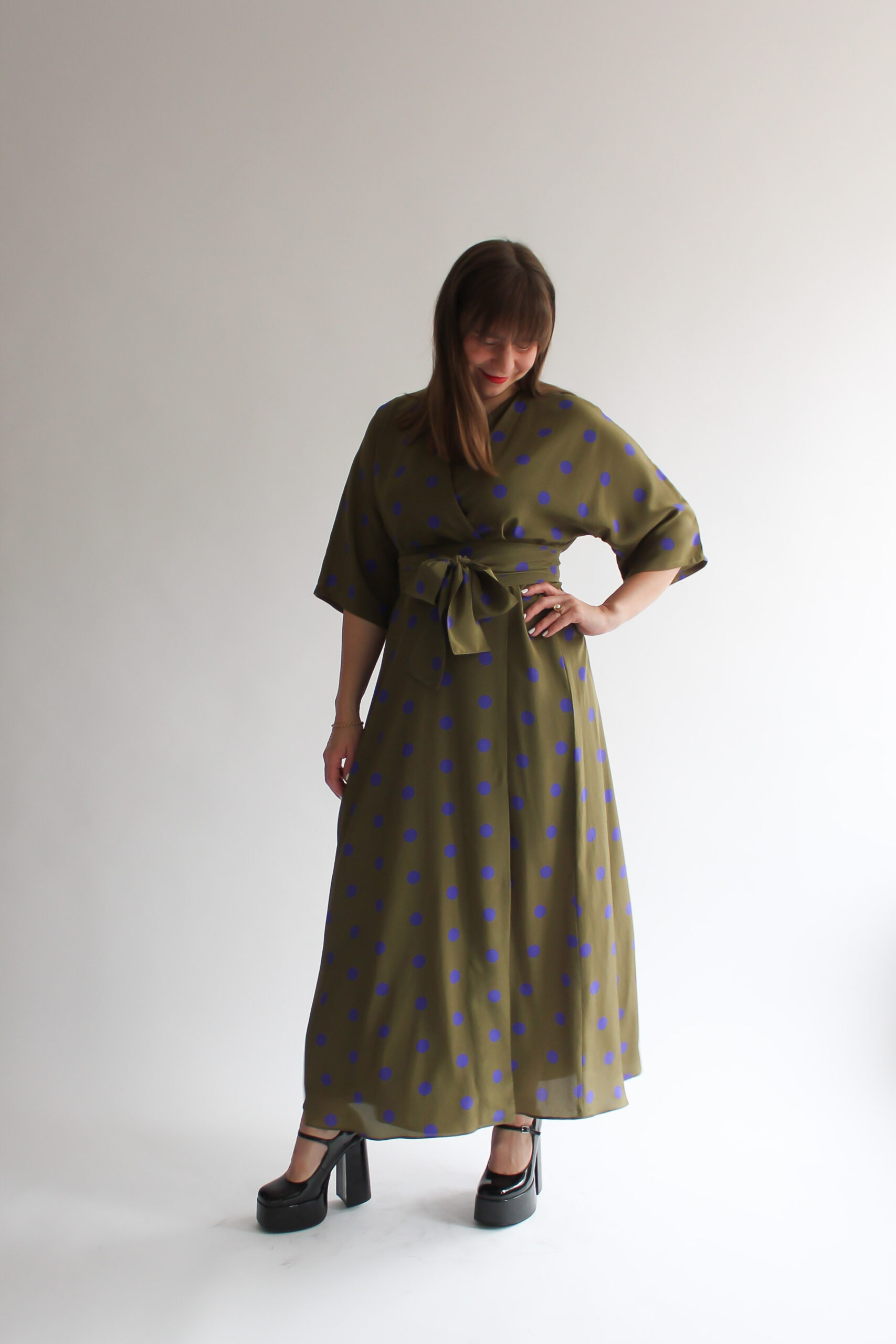 A pois verde e viola 100 % silk maxi wrap dress - Image 3