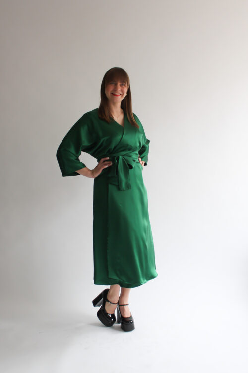 Verde lucido 100 % silk midi wrap dress