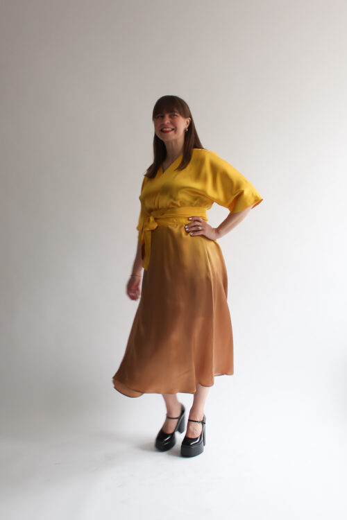 Giallo sfumato 100 % silk midi wrap dress