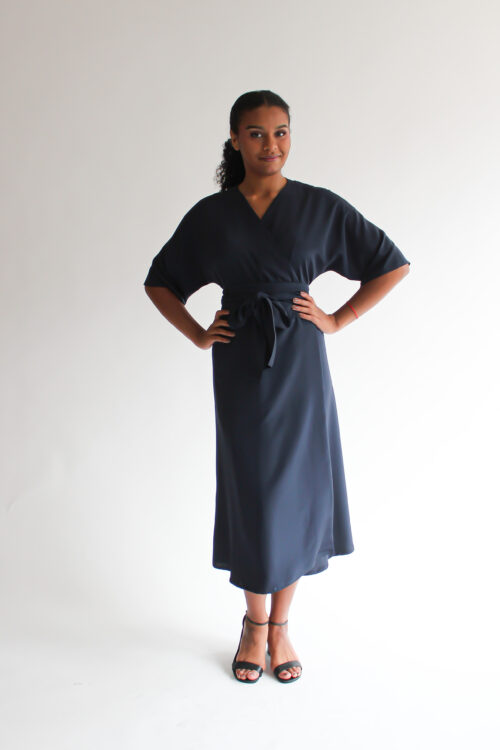 Blu scuro silk midi wrap dress