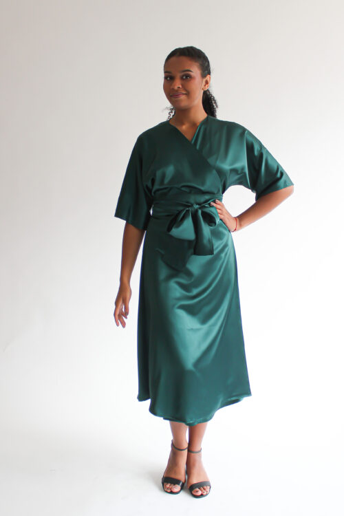 Verde petrolio 100 % silk midi wrap dress