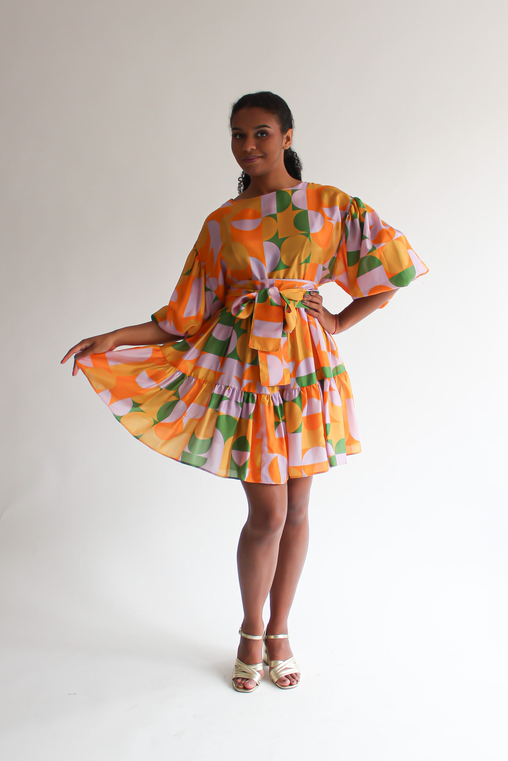 Retro puff sleeve double ruffle dress