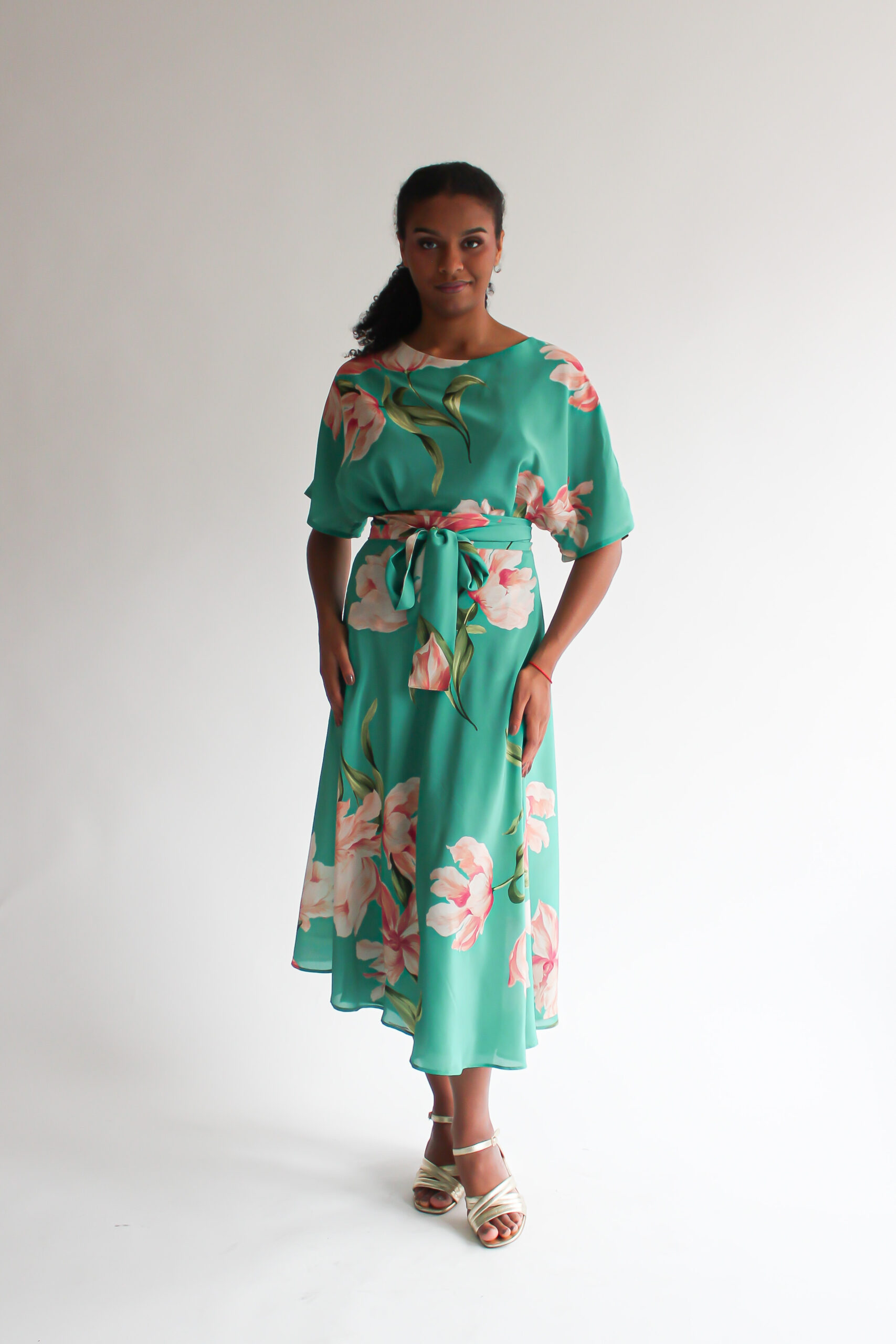 Fiore turchese silk shirt + midi skirt combo