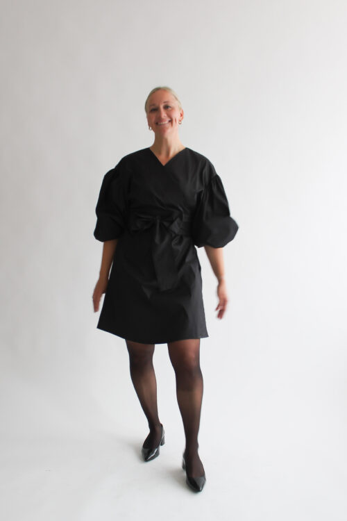 Nero cotton puff sleeve mini wrap dress
