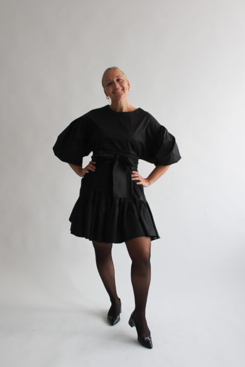 Nero cotton puff sleeve double ruffle dress