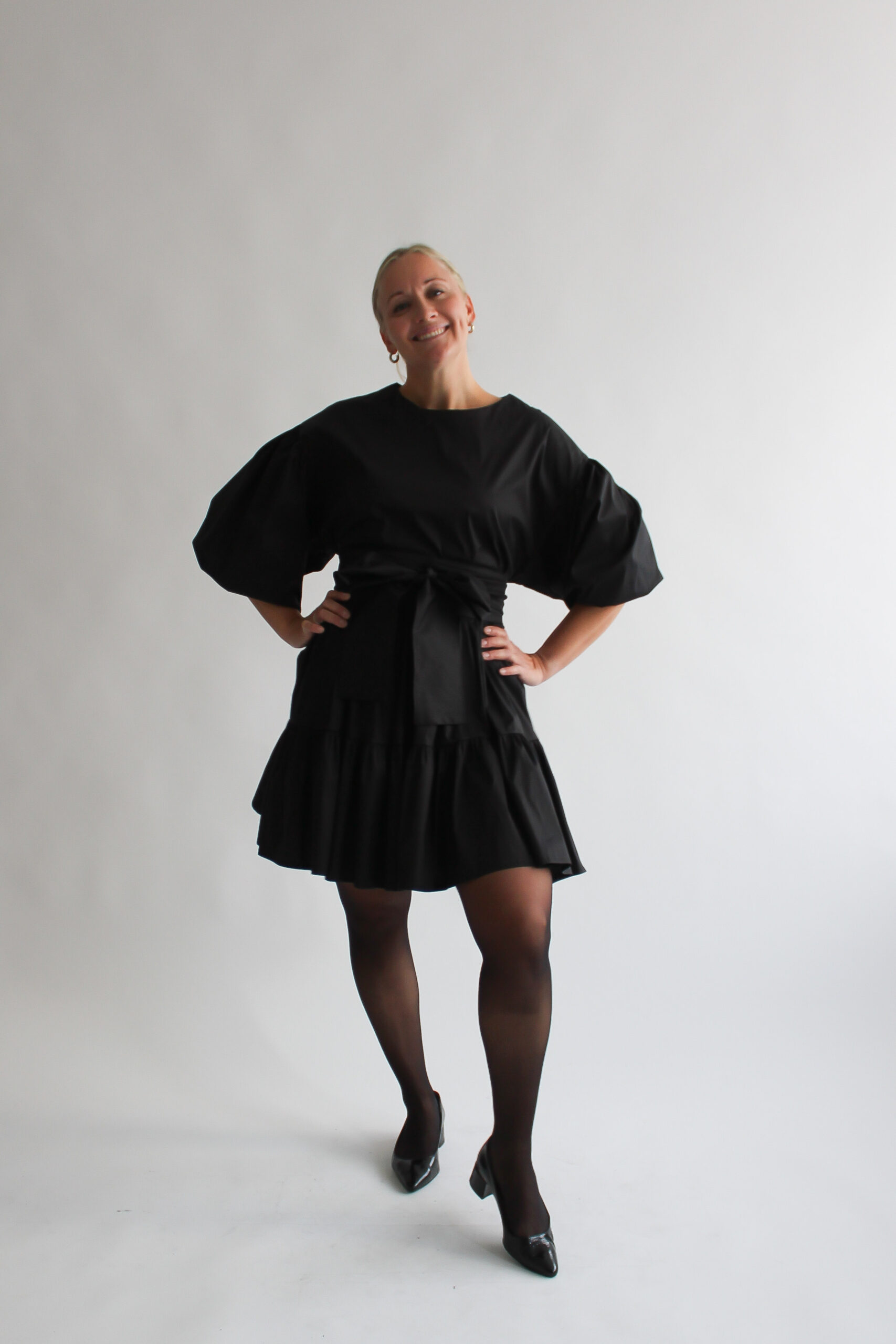 Nero cotton puff sleeve double ruffle dress